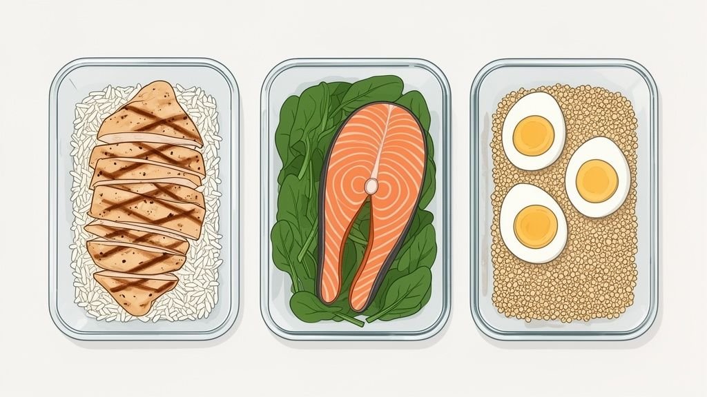 Three meal prep containers with high-protein meals: grilled chicken and rice, salmon and spinach, boiled eggs and quinoa.