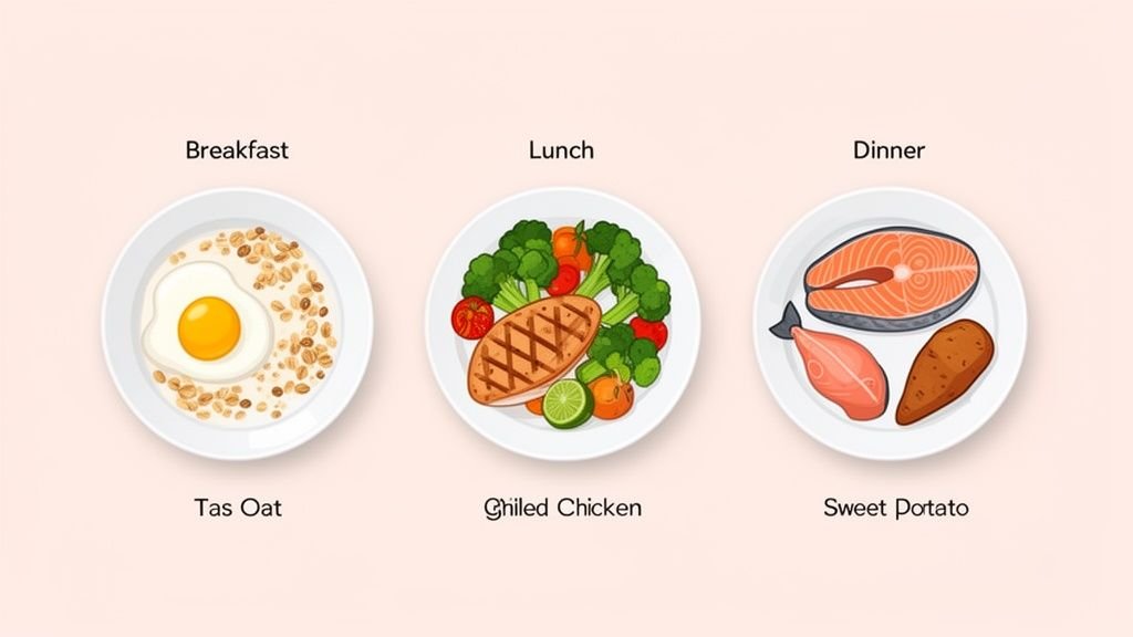 A balanced daily meal plan featuring breakfast oatmeal with egg, grilled chicken for lunch, and salmon with sweet potato for dinner.