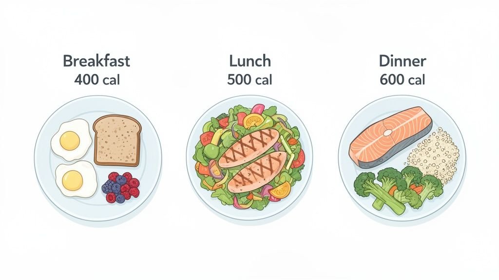A visual guide to a 1500-calorie diet plan with breakfast, lunch, and dinner options.