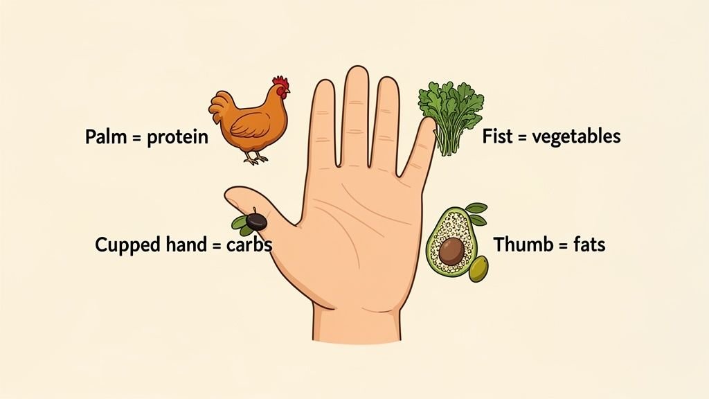 An illustrated hand showing portion control: palm for protein, fist for vegetables, cupped hand for carbs, thumb for fats.