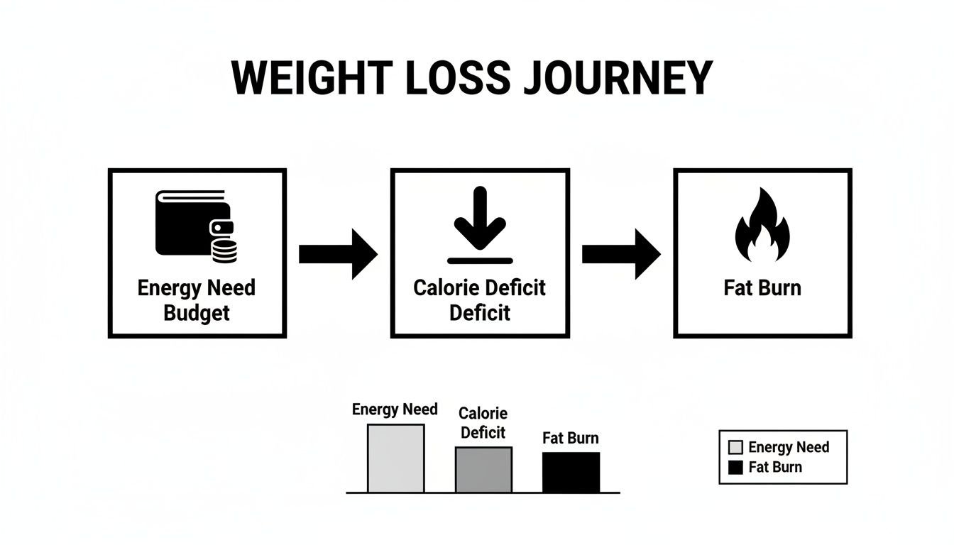 Diagram showing the weight loss journey, linking energy need, calorie deficit, and fat burn.
