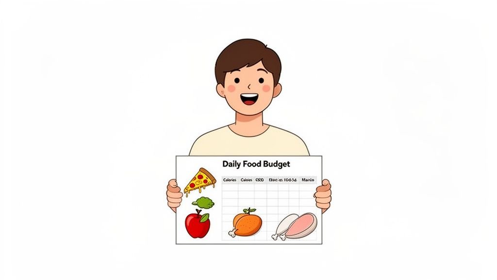 A happy cartoon person holds a 'Daily Food Budget' chart showing various foods and calorie tracking.