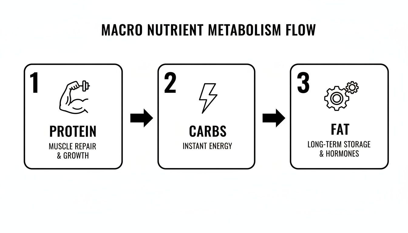 Flowchart illustrating the metabolism of protein, carbs, and fat, detailing their primary bodily functions.