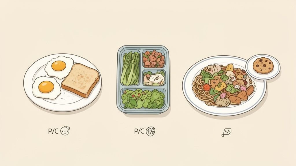 Three meal options: a plate with two fried eggs and toast, a b bento box with assorted vegetables, and a plate of spaghetti with vegetables and a cookie.