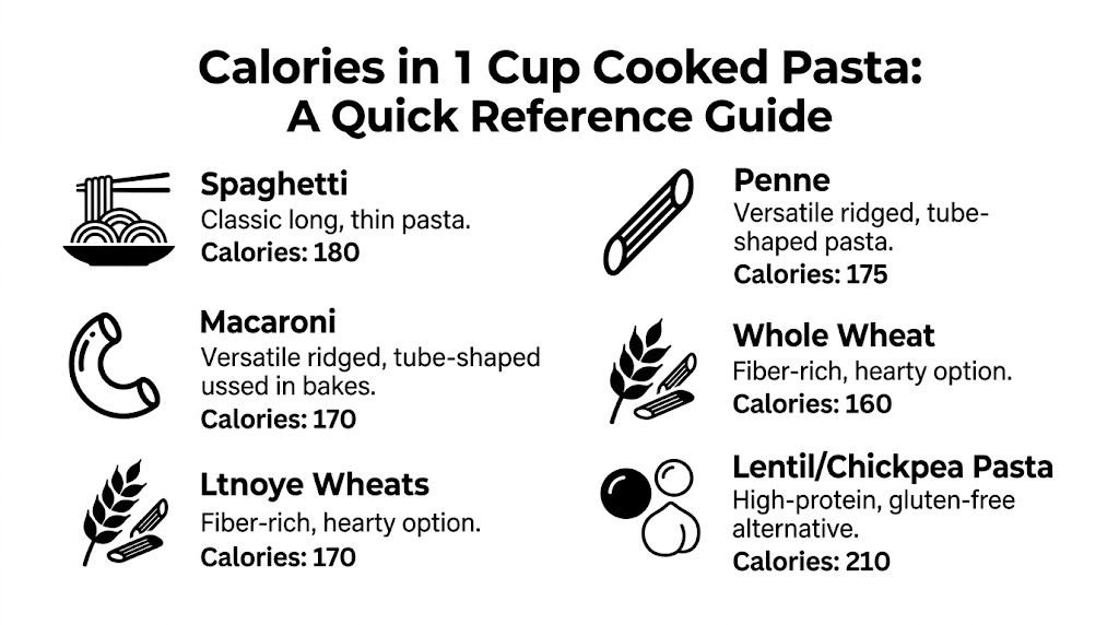 A quick reference chart listing the calorie counts for one cup of various types of cooked pasta.