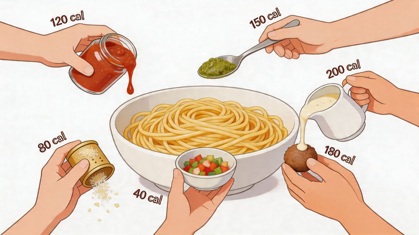 A central bowl of spaghetti being topped with various sauces, cheese, vegetables, and a meatball.