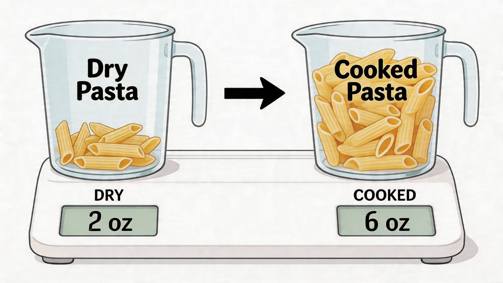 A diagram comparing two ounces of dry pasta to six ounces of cooked pasta on a scale.