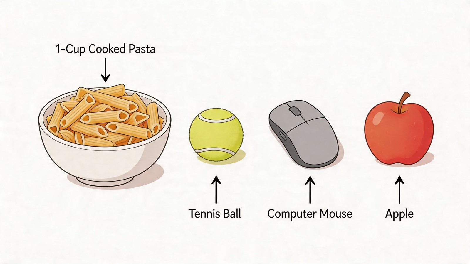 A diagram comparing a bowl of one cup of cooked pasta to a tennis ball, mouse, and apple.