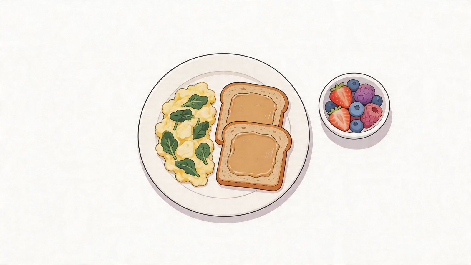 A plate of scrambled eggs with spinach and peanut butter toast alongside a small bowl of berries.