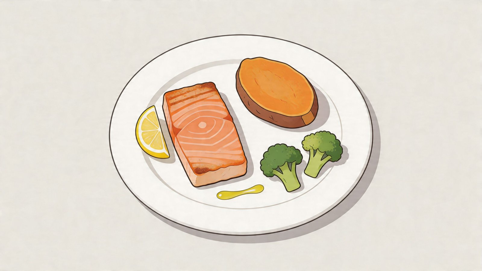 A minimalist illustration of a healthy meal consisting of a salmon fillet, sweet potato, and broccoli florets.