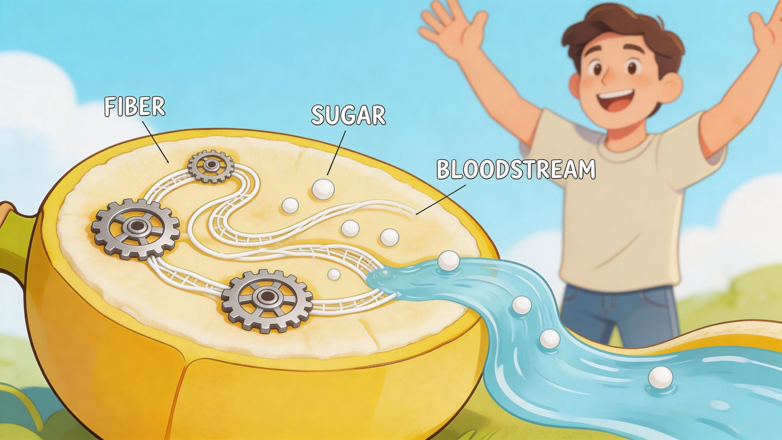 A conceptual illustration showing a banana cross-section with gears representing fiber slowing down sugar absorption into the bloodstream.