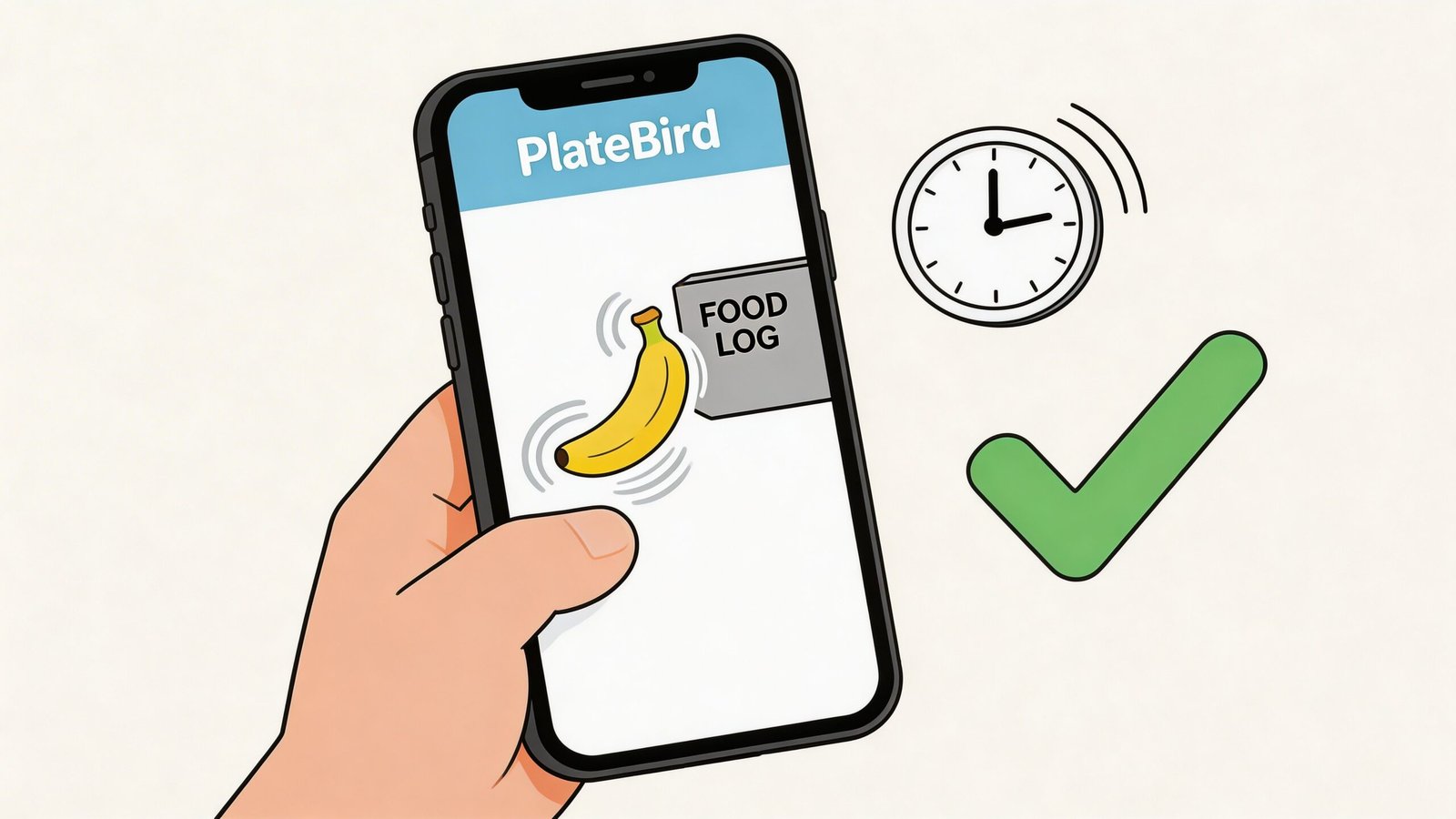 A hand holding a smartphone showing the PlateBird food logging application with a banana icon.