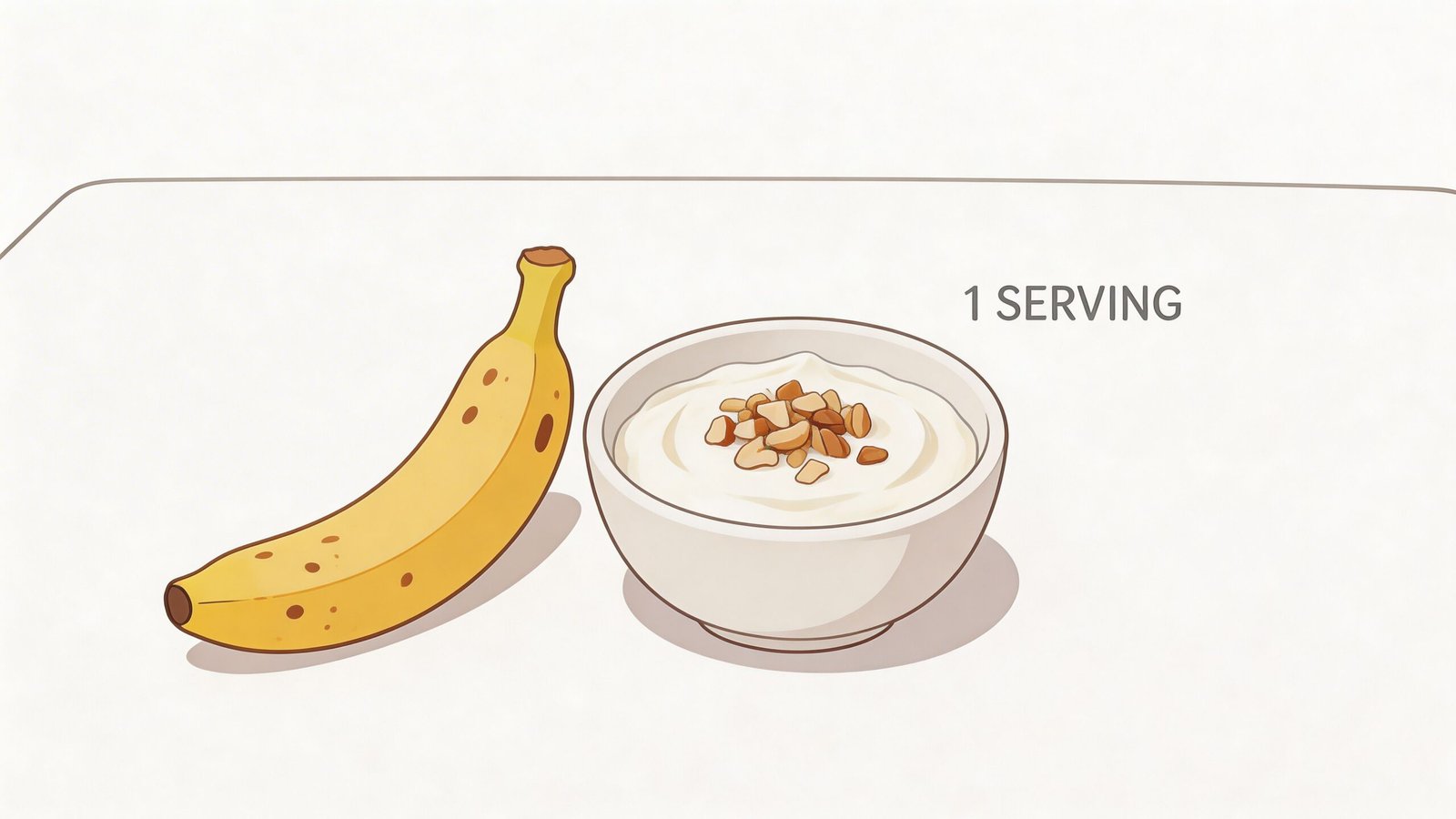 A fresh banana placed next to a bowl of yogurt topped with chopped nuts as one serving.