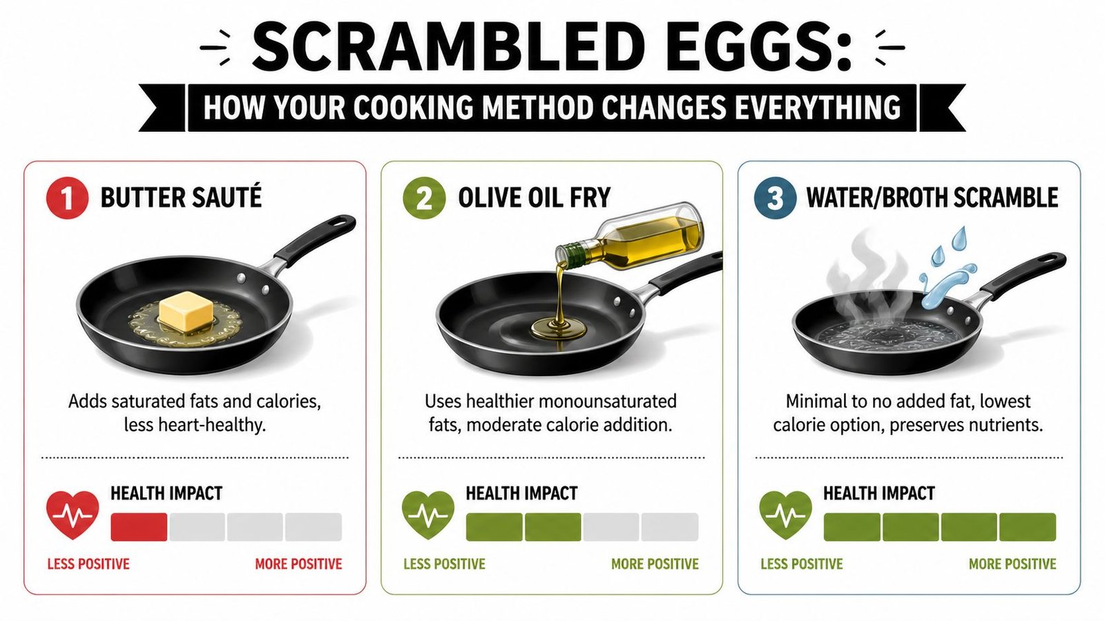 An infographic comparing health impacts of cooking scrambled eggs with butter, olive oil, or water/broth.