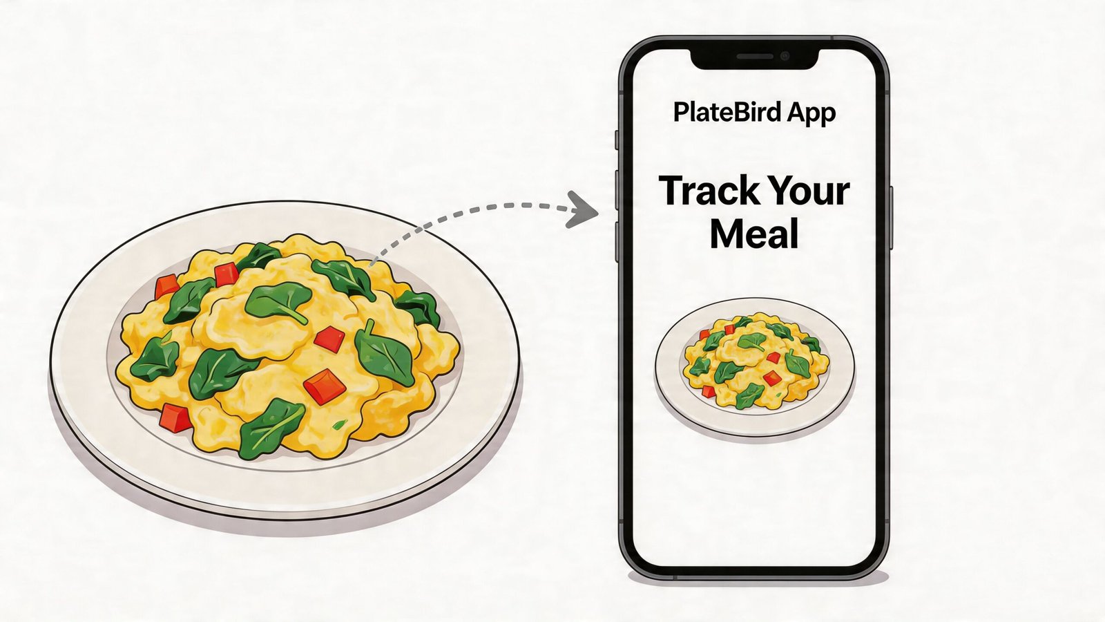 A digital illustration showing a plate of scrambled eggs with spinach and peppers being tracked on a mobile app.