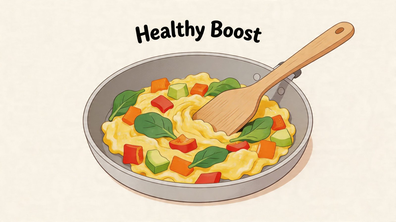 A frying pan with scrambled eggs mixed with diced bell peppers, spinach, and avocado on a surface.