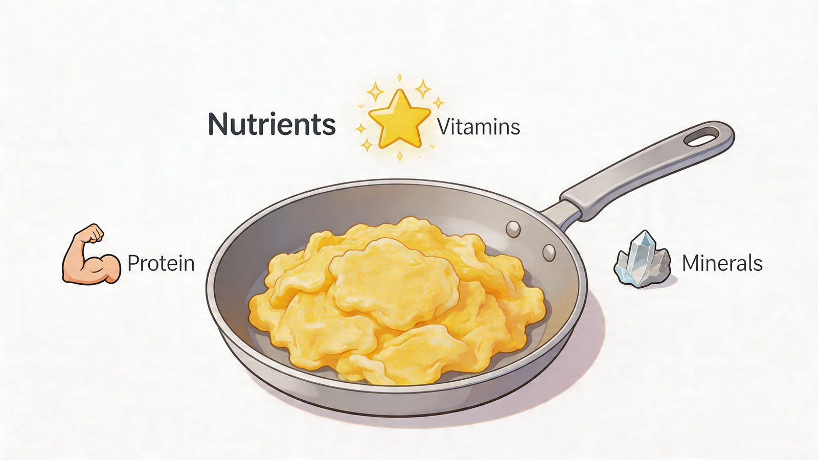 A frying pan with scrambled eggs, labeled with nutritional icons representing vitamins, protein, and minerals.