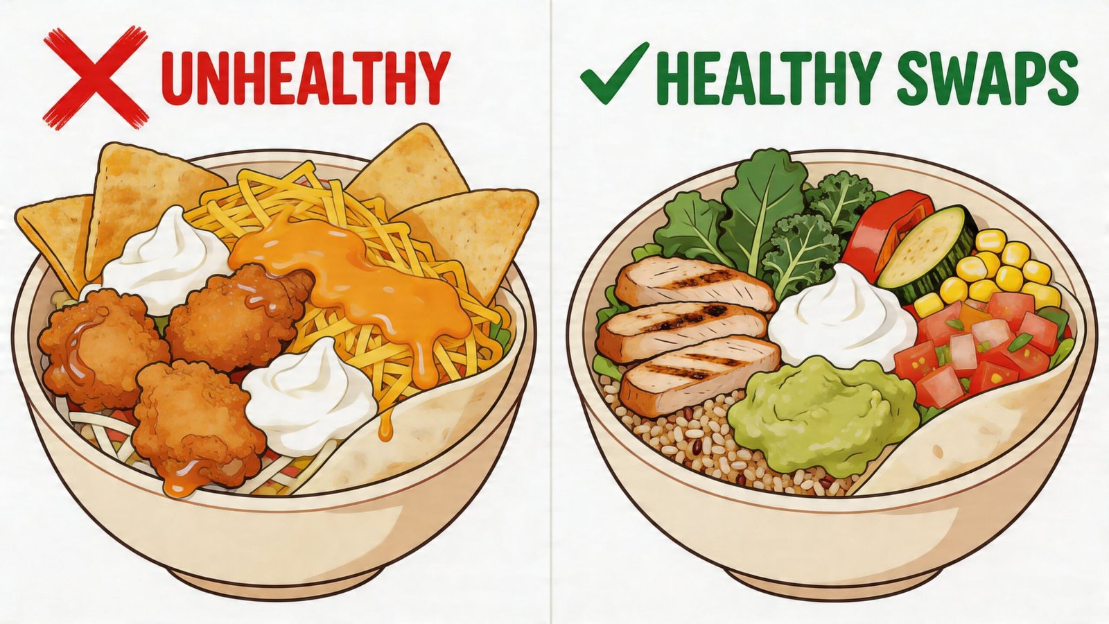 A comparison showing an unhealthy fast food burrito bowl versus a nutritious, healthy ingredient swap version.