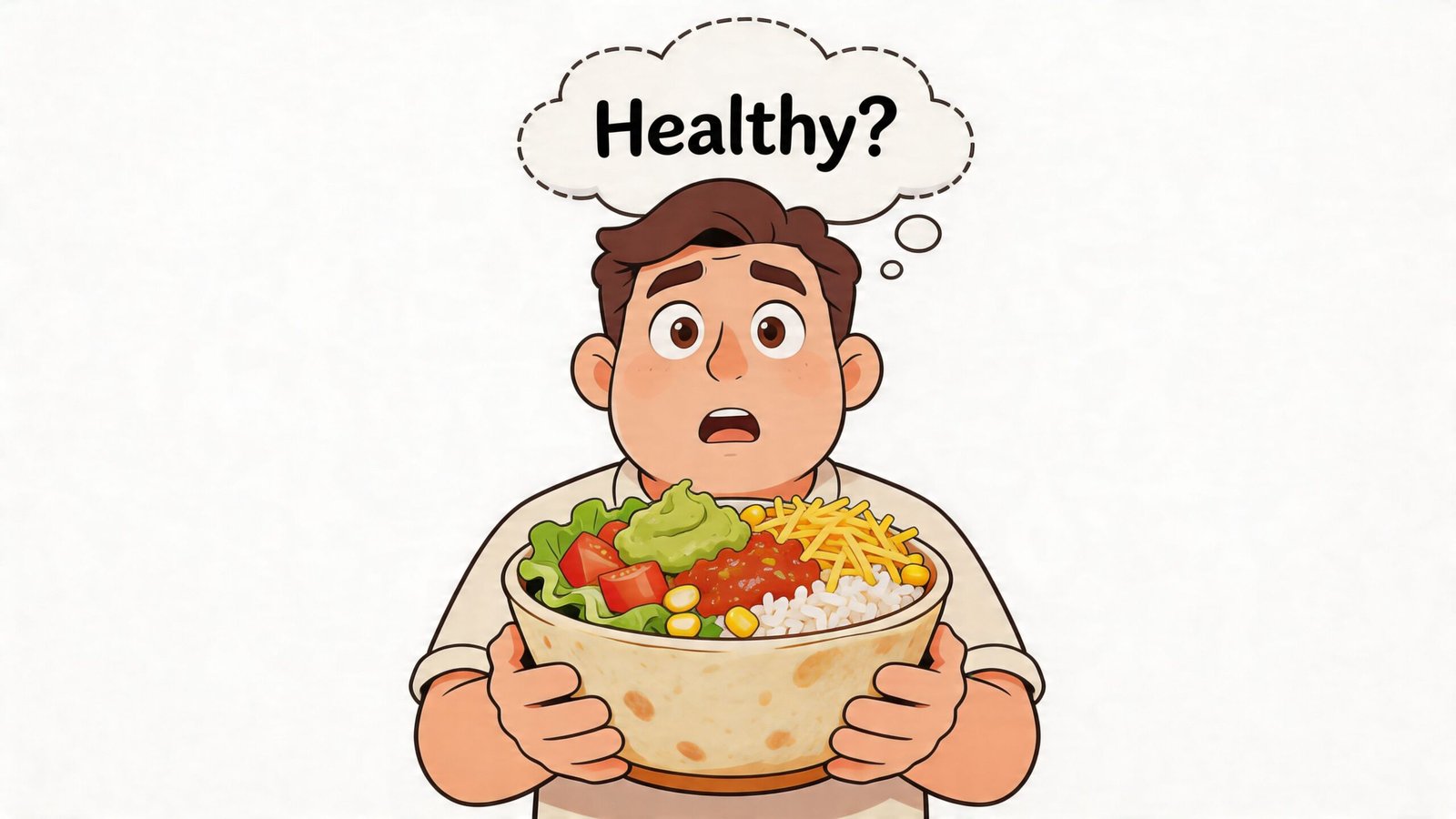 A confused person holding a large burrito bowl while questioning if it is a healthy food choice.