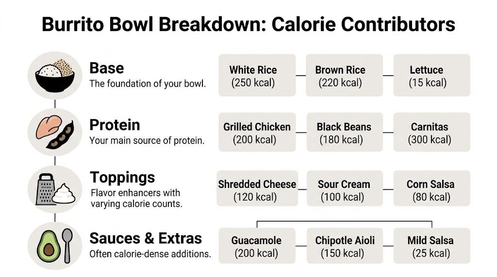 A nutritional breakdown chart showing the calorie counts for various burrito bowl ingredients like rice, protein, and toppings.