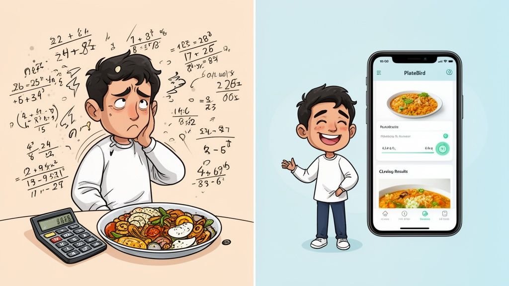 A split image showing a stressed person calculating food calories versus a happy person using a calorie app.