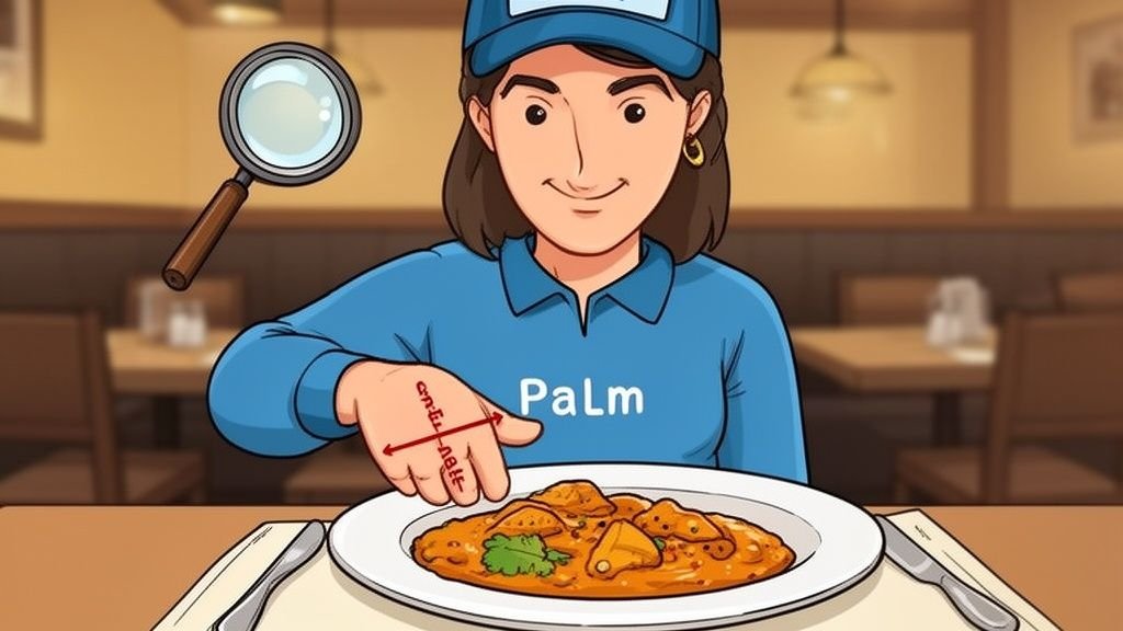 A cartoon woman in a blue shirt pointing to a plate of Indian curry in a restaurant.