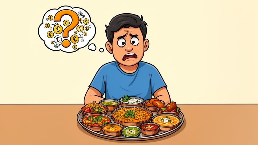 A confused man staring at a large plate of traditional Indian thali with question marks above.
