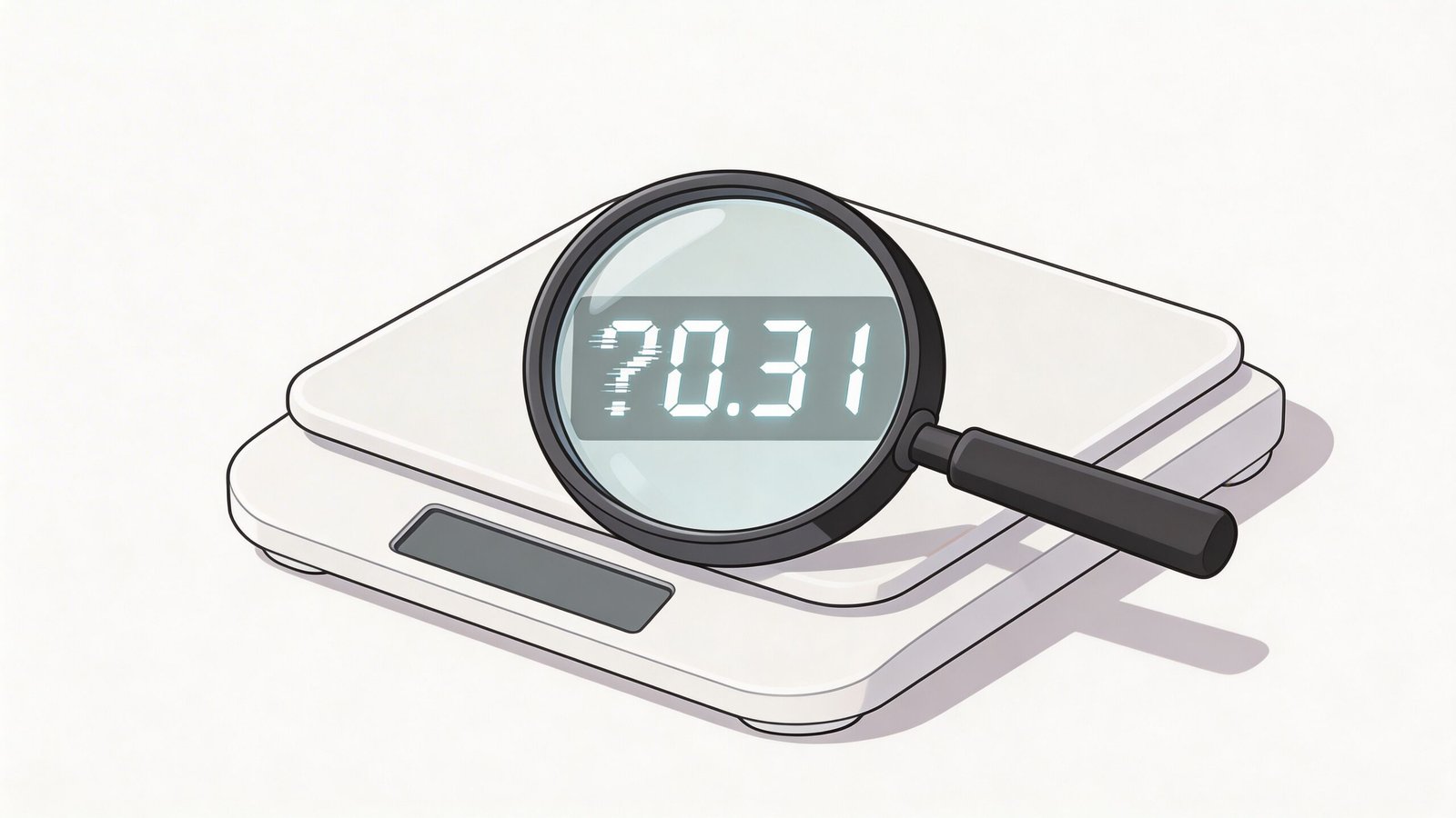 A magnifying glass placed over a white digital kitchen scale, revealing the number 70.31 on its display.