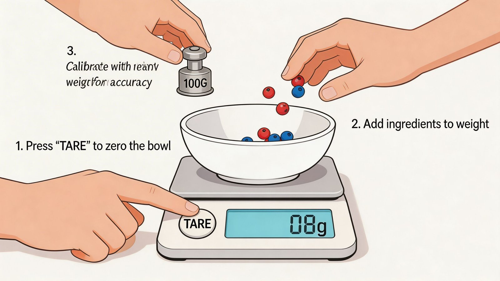An illustration demonstrating how to use a digital kitchen scale with tare and calibration features.
