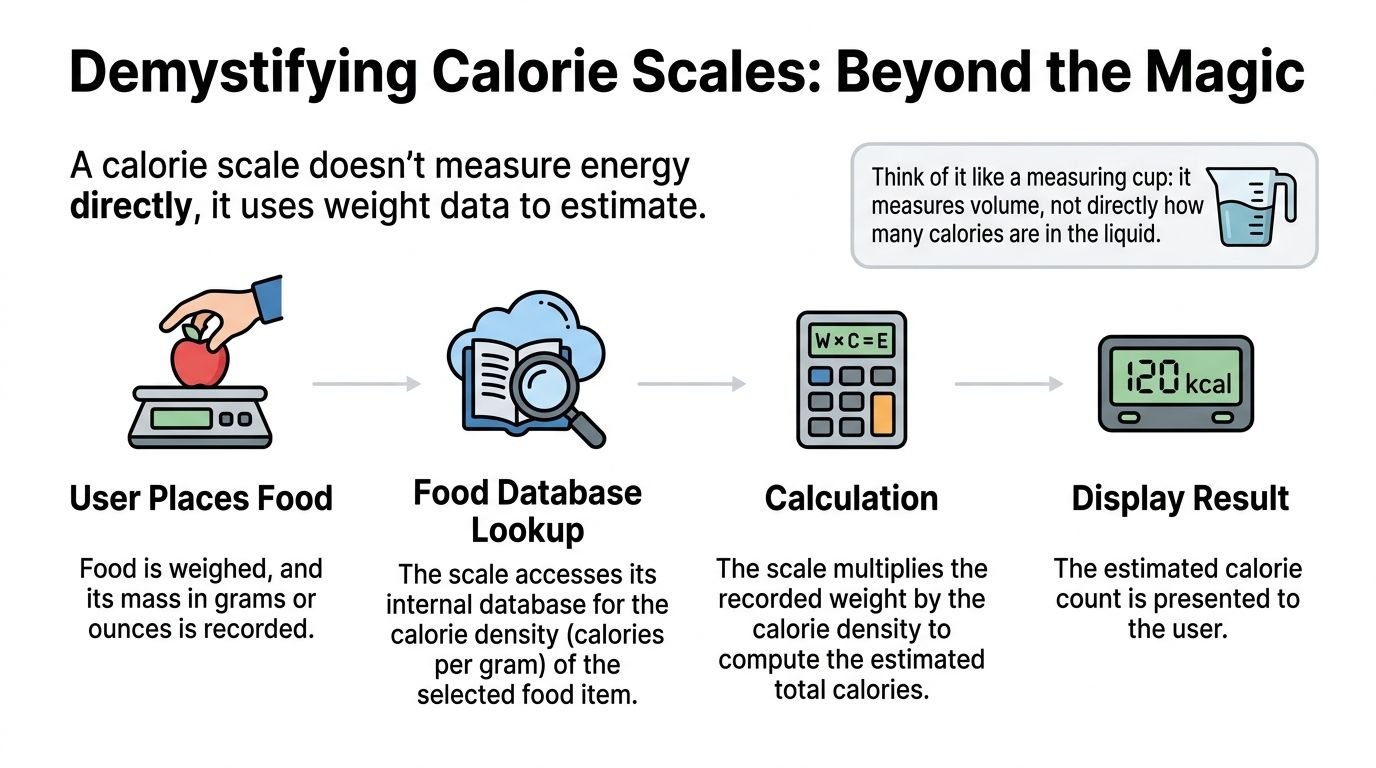 A diagram explaining how calorie scales estimate energy by weighing food and performing database lookups.