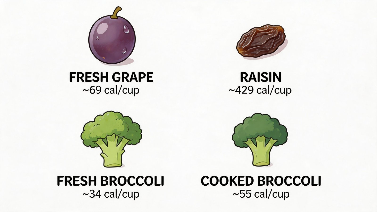 A comparison chart showing calorie counts per cup for fresh grapes, raisins, fresh broccoli, and cooked broccoli.