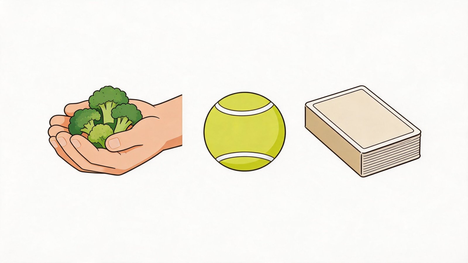 A hand holding broccoli florets next to a tennis ball and a small stack of note cards.