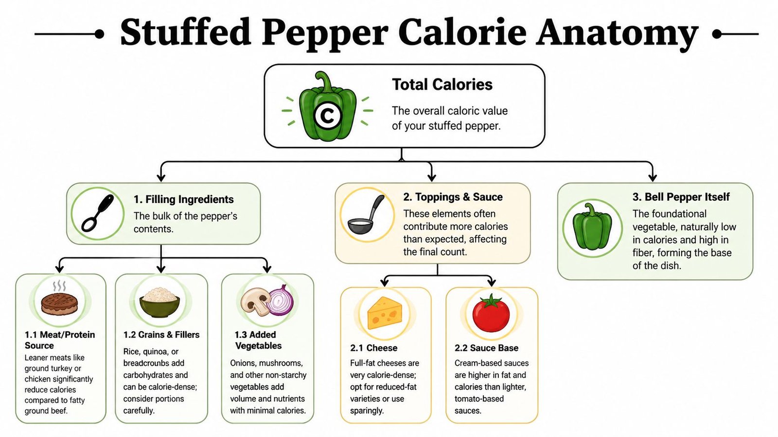 A diagram illustrating the calorie anatomy of stuffed peppers, breaking down ingredients, toppings, and sauces.