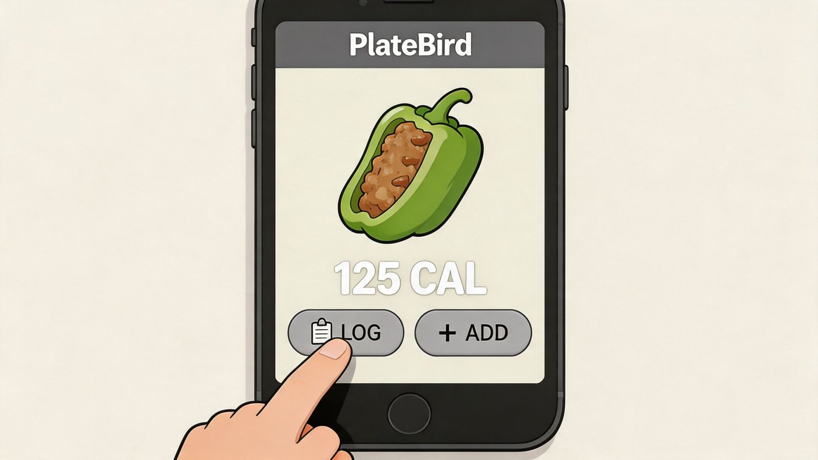 A smartphone app displaying a stuffed green pepper with 125 calories being logged by a finger tap.