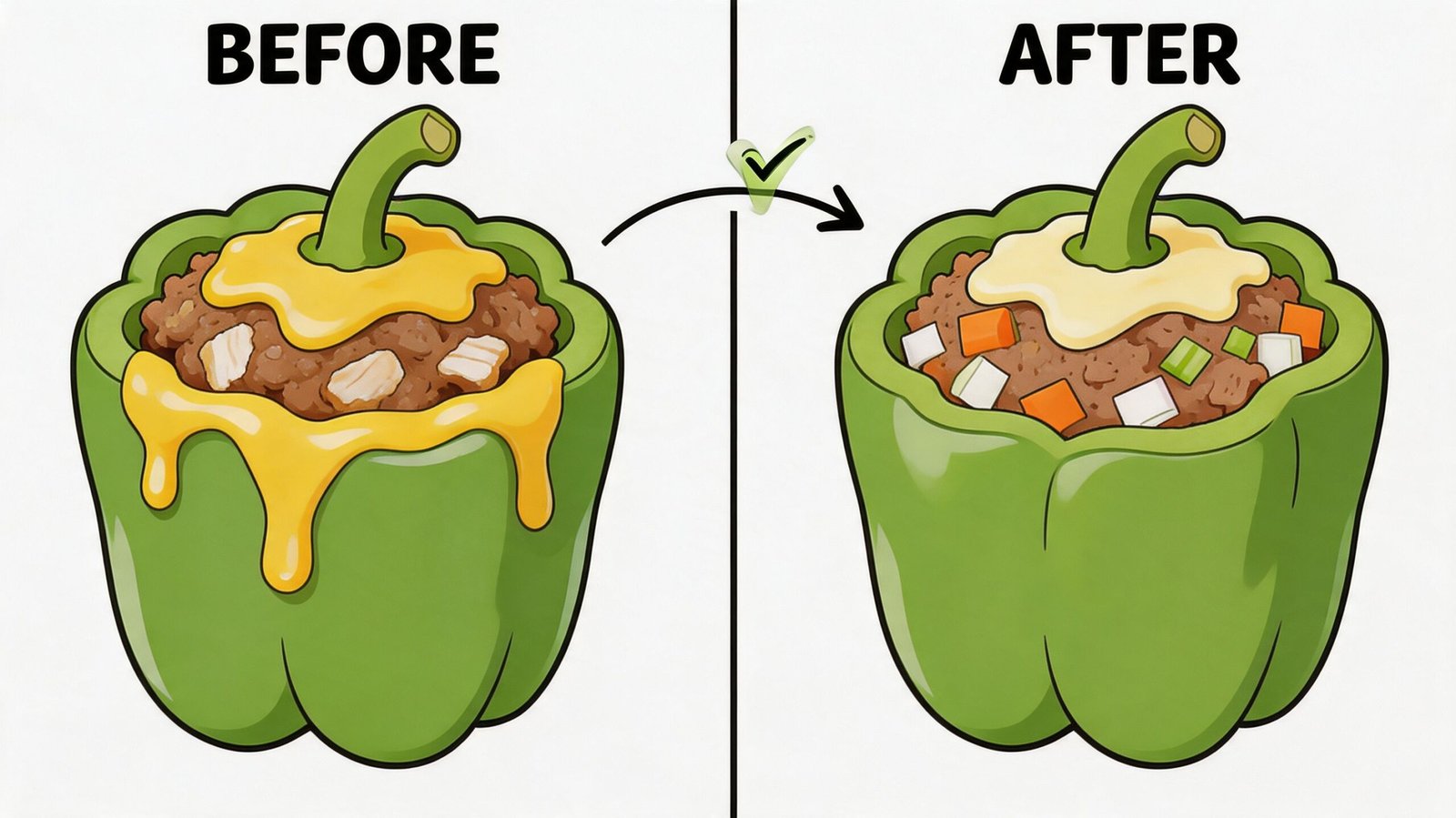 An illustration comparing a high-calorie stuffed bell pepper versus a healthier version with added colorful vegetables.