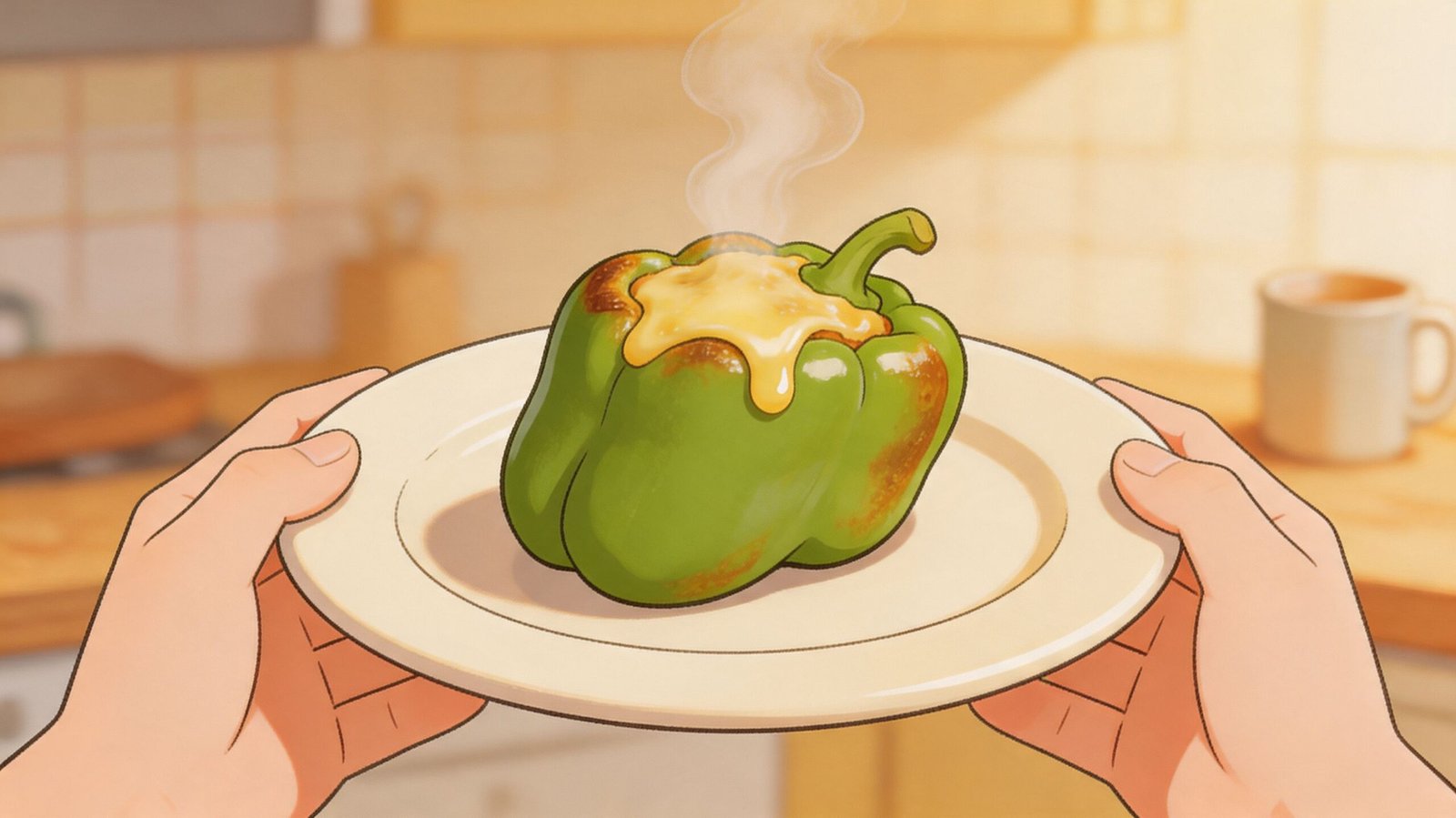 A close-up view of two hands holding a plate with a warm, cheese-stuffed green bell pepper.