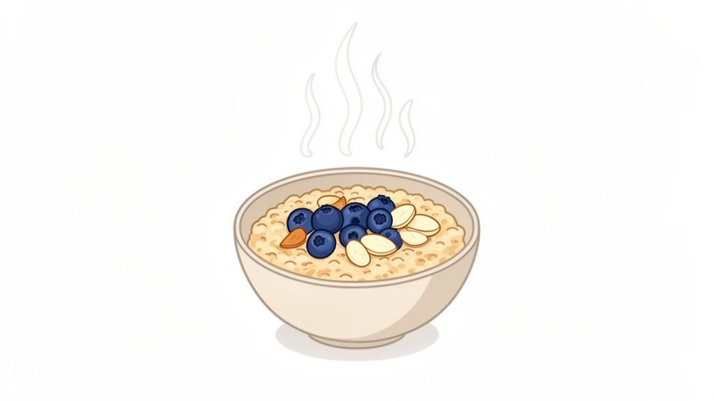 A steaming bowl of oatmeal topped with fresh blueberries and sliced almonds.