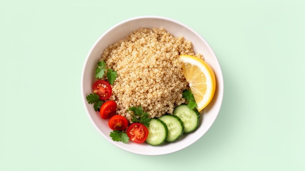 A healthy bowl of cooked quinoa with fresh tomatoes, cucumber slices, parsley, and a lemon wedge.