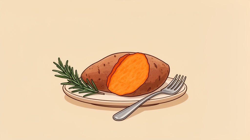 A baked sweet potato, cut open, served on a plate with a sprig of rosemary and a fork.