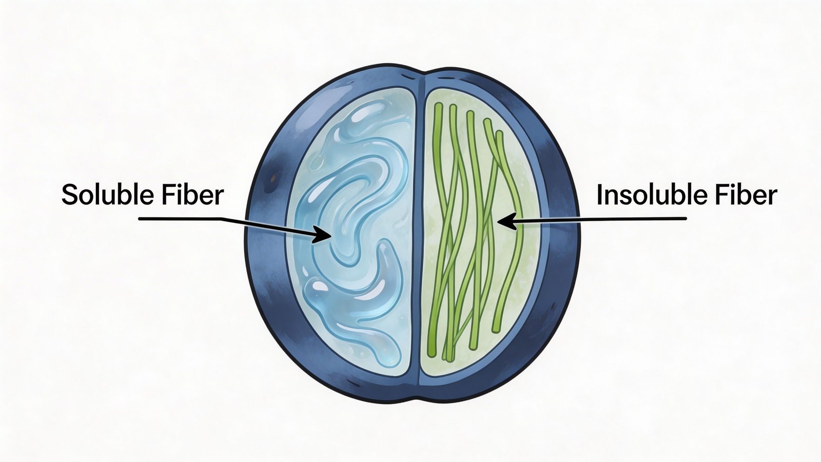 A split illustration of a blueberry showing soluble fiber as a gel and insoluble fiber as strands.