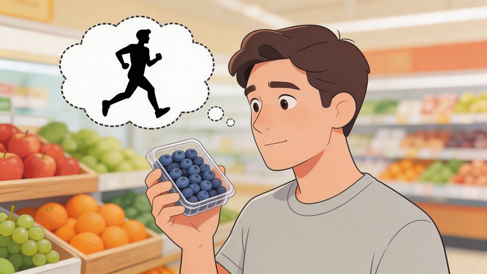 A young man holding a plastic container of fresh blueberries while contemplating his fitness and healthy lifestyle.