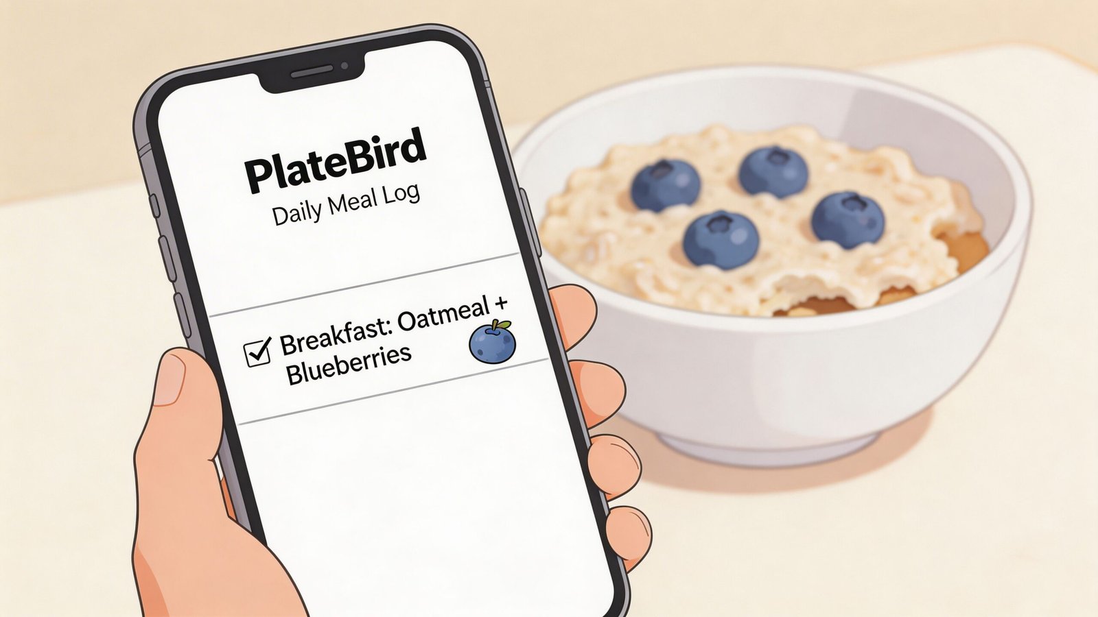 A person holding a smartphone showing a food logging app with oatmeal and blueberries for breakfast.