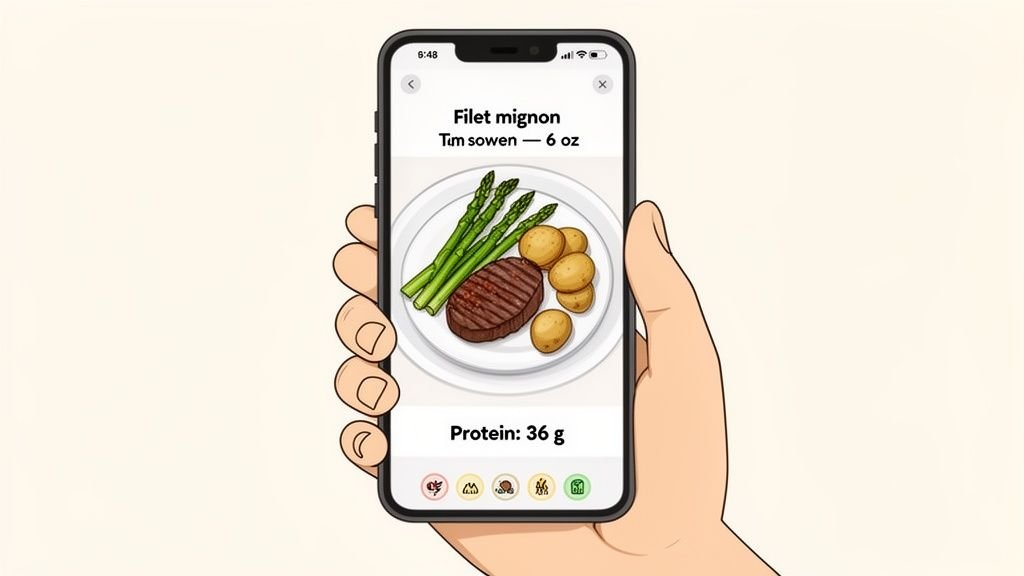 A hand holding a smartphone displays a food tracking app showing filet mignon, asparagus, potatoes, and 36g protein.