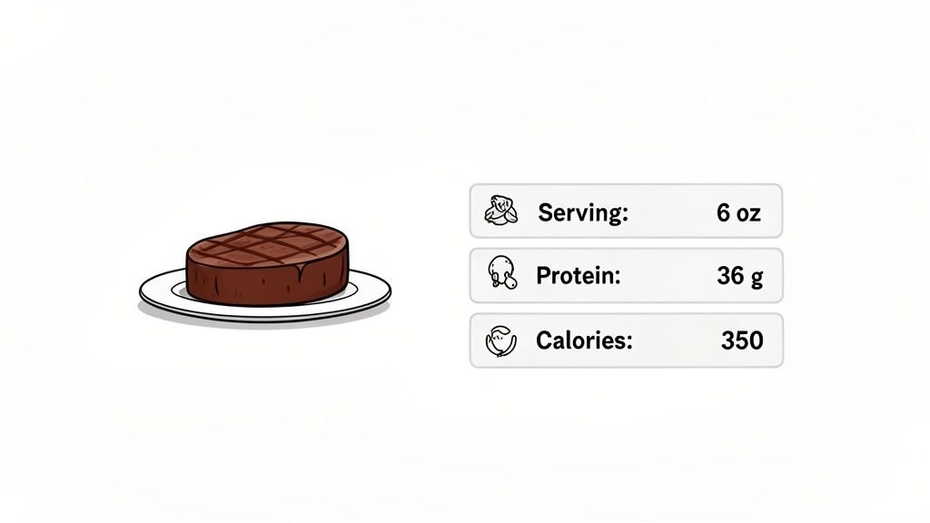 A cartoon steak on a white plate accompanied by its nutrition facts: 6 oz serving, 36g protein, 350 calories.