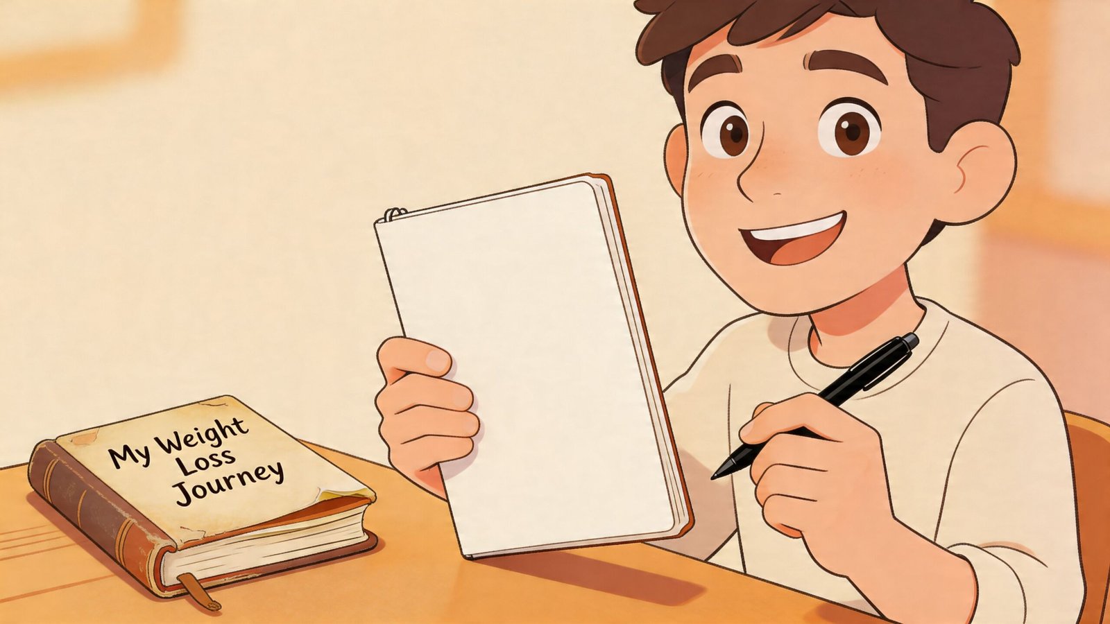 A happy young boy sitting at a desk with a notebook labeled My Weight Loss Journey.