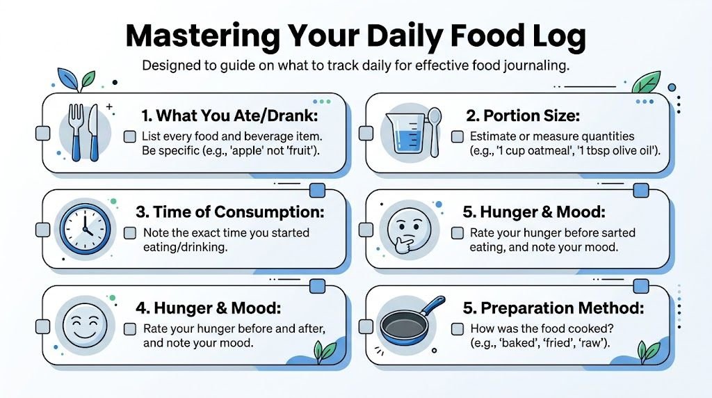 An infographic titled Mastering Your Daily Food Log providing tips on how to effectively track daily food intake.