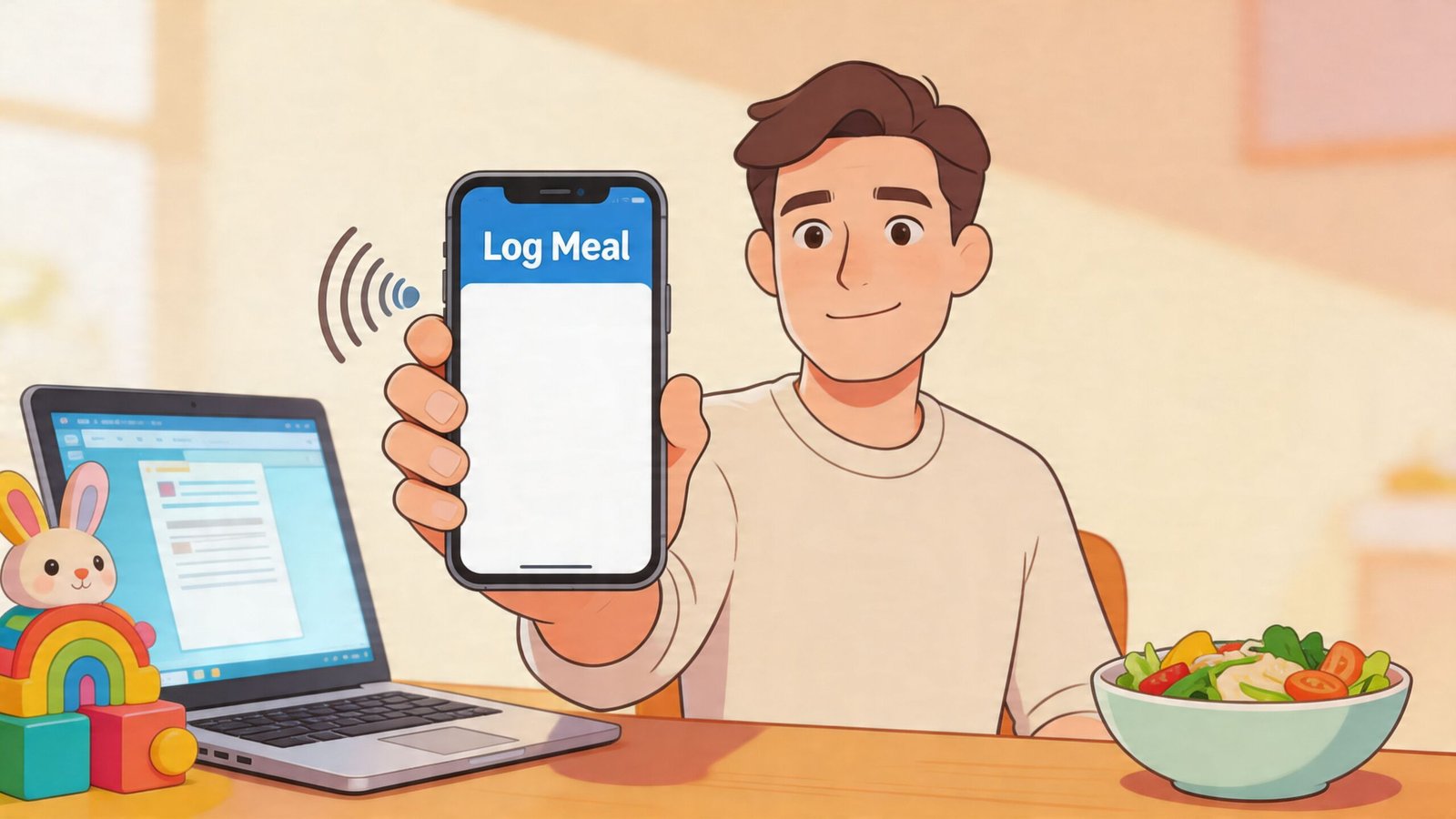 A person holding a smartphone showing the Log Meal app next to a salad and laptop.