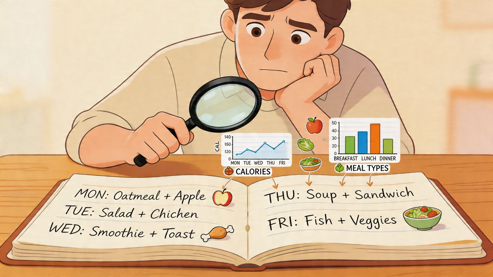 A person using a magnifying glass to examine a handwritten food diary with charts and meal entries.
