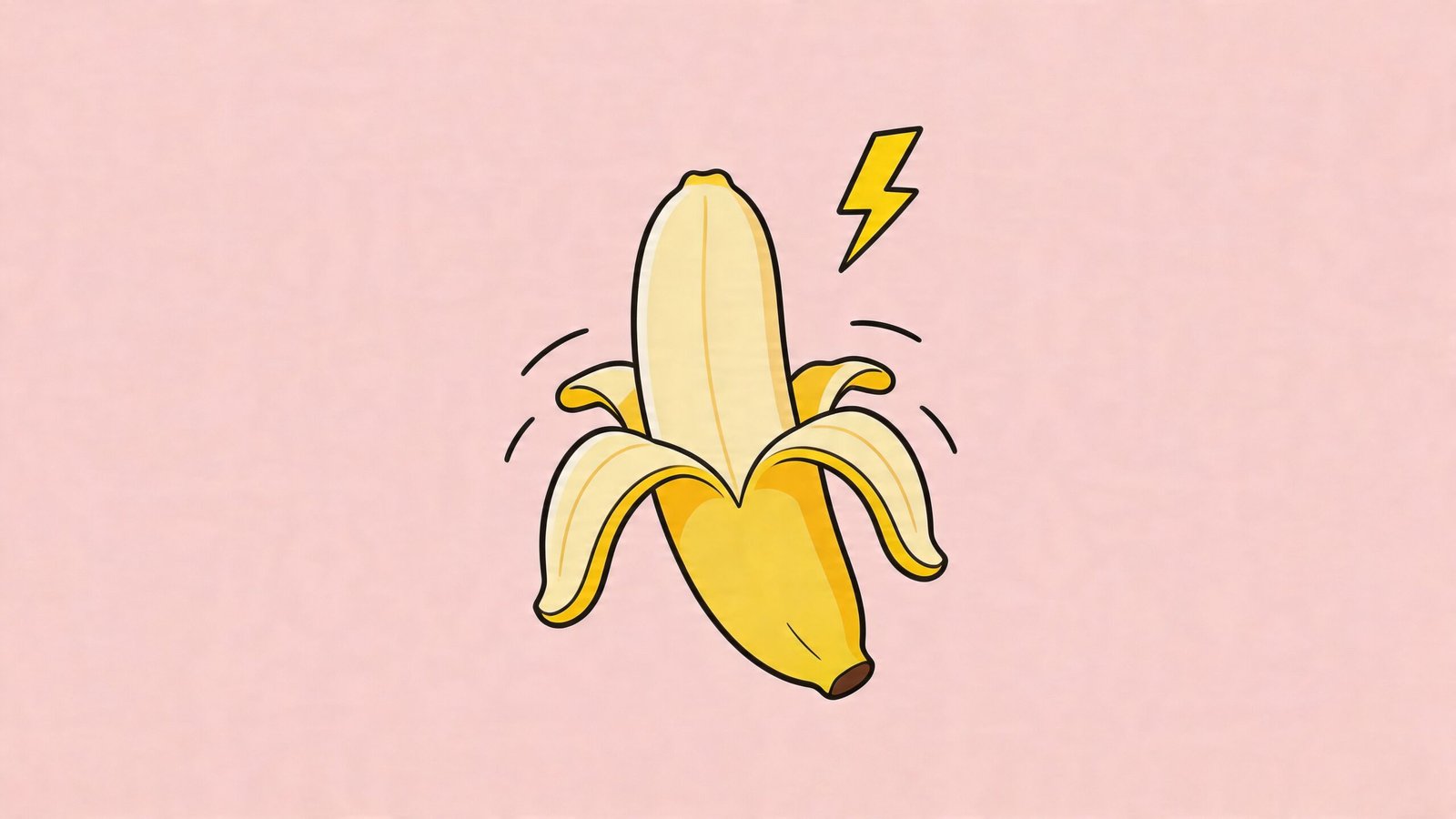 A cartoon banana half-peeled with a yellow lightning bolt symbol, representing a healthy energy-boosting snack.