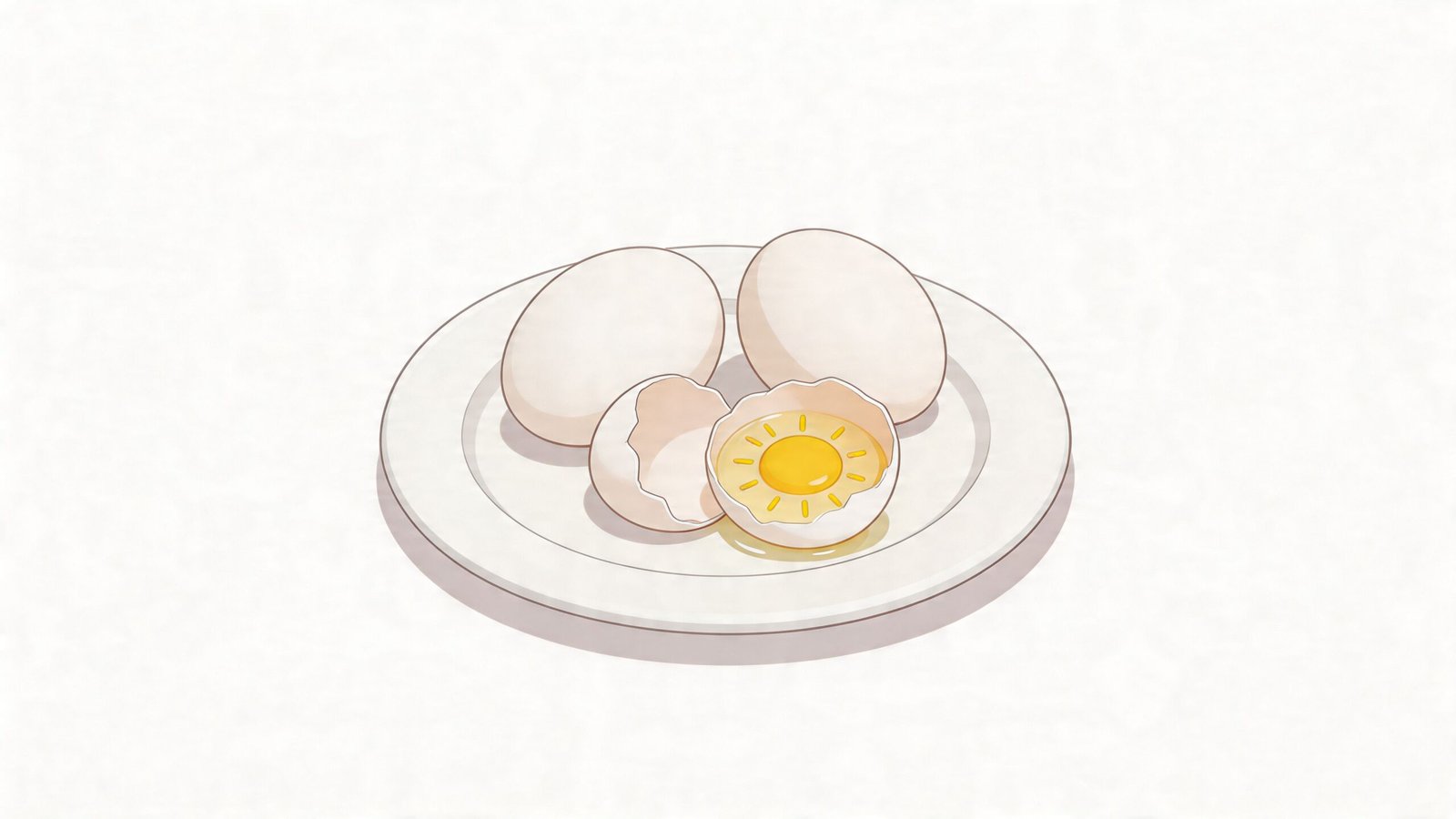 A minimalist digital illustration of two whole white eggs and one cracked egg on a white plate.